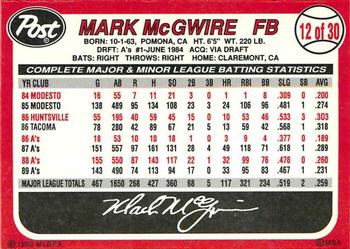 1990 Post Cereal #12 Mark McGwire Back