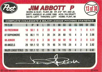 1990 Post Cereal #13 Jim Abbott Back