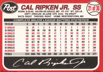 1990 Post Cereal #21 Cal Ripken Jr. Back