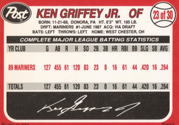 1990 Post Cereal #23 Ken Griffey Jr. Back