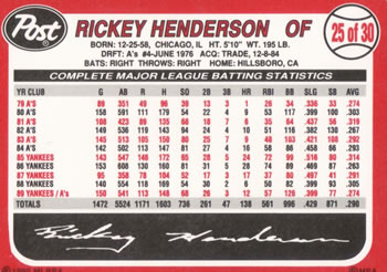 1990 Post Cereal #25 Rickey Henderson Back
