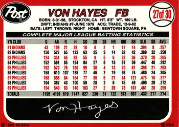 1990 Post Cereal #27 Von Hayes Back