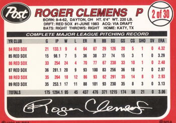 1990 Post Cereal #2 Roger Clemens Back