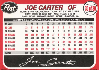 1990 Post Cereal #30 Joe Carter Back