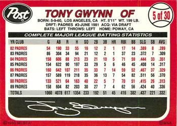 1990 Post Cereal #5 Tony Gwynn Back