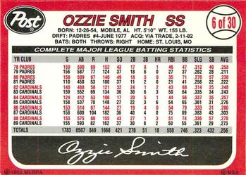 1990 Post Cereal #6 Ozzie Smith Back