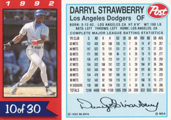1992 Post Cereal #10 Darryl Strawberry Back