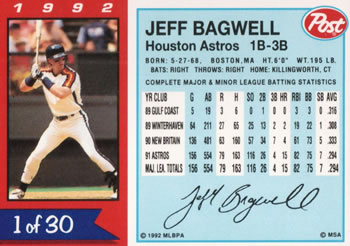 1992 Post Cereal #1 Jeff Bagwell Back