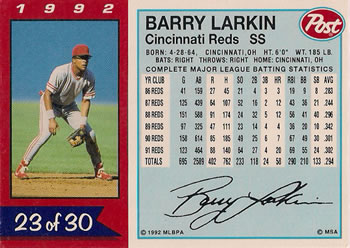 1992 Post Cereal #23 Barry Larkin Back