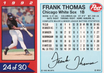 1992 Post Cereal #24 Frank Thomas Back