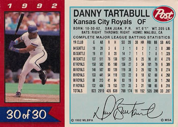 1992 Post Cereal #30 Danny Tartabull Back