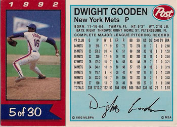 1992 Post Cereal #5 Dwight Gooden Back