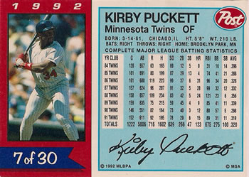 1992 Post Cereal #7 Kirby Puckett Back