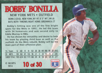 1994 Post Cereal #10 Bobby Bonilla Back