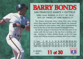1994 Post Cereal #11 Barry Bonds Back
