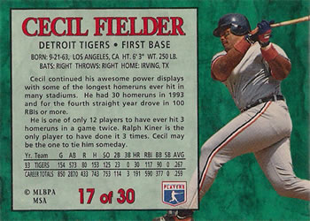 1994 Post Cereal #17 Cecil Fielder Back
