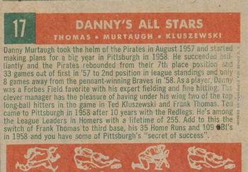 1959 Topps Venezuelan #17 Danny's All-Stars (Frank Thomas / Danny Murtaugh / Ted Kluszewski) Back