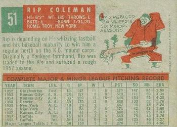 1959 Topps Venezuelan #51 Rip Coleman Back