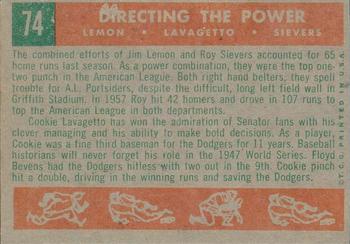 1959 Topps Venezuelan #74 Directing the Power (Jim Lemon / Cookie Lavagetto / Roy Sievers) Back