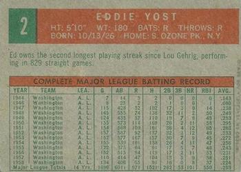 1959 Topps Venezuelan #2 Eddie Yost Back