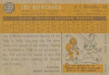 1960 Topps Venezuelan #137 Lou Klimchock Back