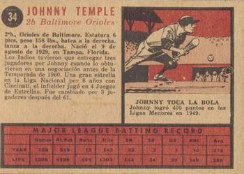 1962 Topps Venezuelan #34 Johnny Temple Back