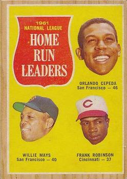 1962 Topps Venezuelan #54 1961 National League Home Run Leaders (Orlando Cepeda / Willie Mays / Frank Robinson) Front