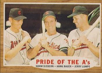 1962 Topps Venezuelan #127 Pride of the A's (Hank Bauer / Jerry Lumpe / Norm Siebern) Front