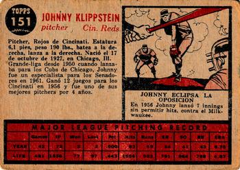 1962 Topps Venezuelan #151 Johnny Klippstein Back