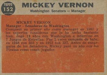 1962 Topps Venezuelan #152 Mickey Vernon Back
