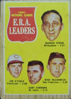 1962 Topps Venezuelan #56 1961 National League E.R.A. Leaders (Warren Spahn / Jim O'Toole / Curt Simmons / Mike McCormick) Front