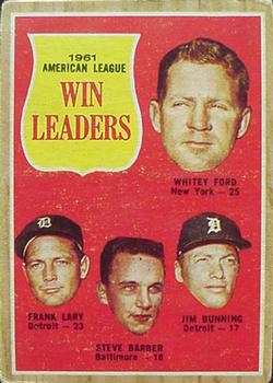 1962 Topps Venezuelan #57 1961 American League Win Leaders (Whitey Ford / Frank Lary / Steve Barber / Jim Bunning) Front