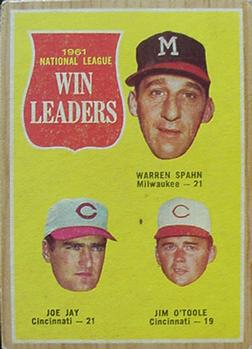 1962 Topps Venezuelan #58 1961 National  League Win Leaders (Warren Spahn / Joe Jay / Jim O'Toole) Front