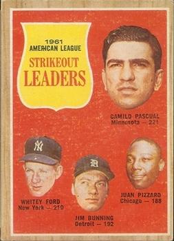 1962 Topps Venezuelan #59 1961 American League Strikeout Leaders (Camilo Pascual / Whitey Ford / Jim Bunning / Juan Pizzaro) Front
