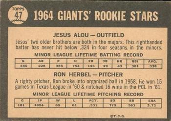 1964 Topps Venezuelan #47 Giants 1964 Rookie Stars (Jesus Alou / Ron Herbel) Back