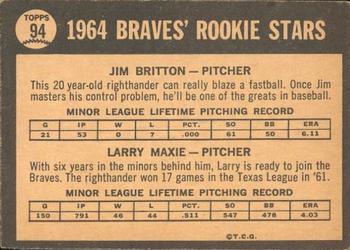 1964 Topps Venezuelan #94 Braves 1964 Rookie Stars (Jim Britton / Larry Maxie) Back