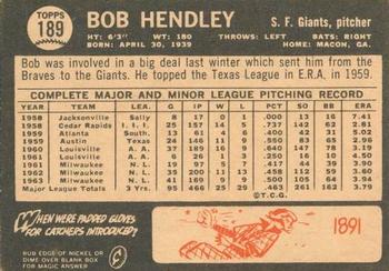1964 Topps Venezuelan #189 Bob Hendley Back