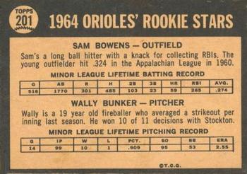 1964 Topps Venezuelan #201 Orioles 1964 Rookie Stars (Sam Bowens / Wally Bunker) Back