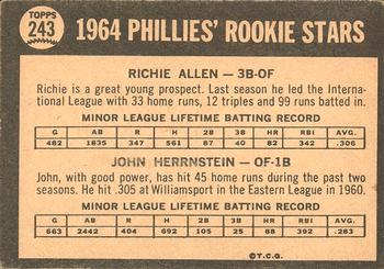 1964 Topps Venezuelan #243 Phillies 1964 Rookie Stars (Richie Allen / John Herrnstein) Back