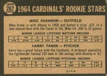 1964 Topps Venezuelan #262 Cardinals 1964 Rookie Stars (Mike Shannon / Harry Fanok) Back