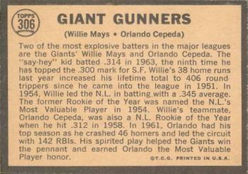 1964 Topps Venezuelan #306 Giant Gunners (Willie Mays / Orlando Cepeda) Back