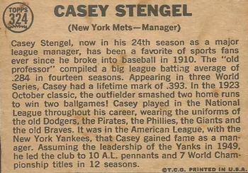 1964 Topps Venezuelan #324 Casey Stengel Back