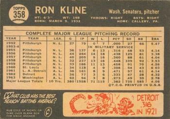 1964 Topps Venezuelan #358 Ron Kline Back