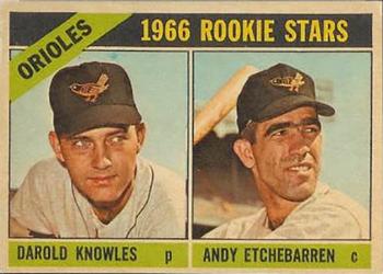1966 Topps Venezuelan #27 Orioles 1966 Rookie Stars (Darold Knowles / Andy Etchebarren) Front