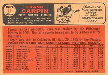1966 Topps Venezuelan #71 Frank Carpin Back