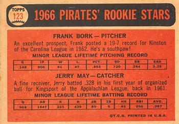 1966 Topps Venezuelan #123 Pirates 1966 Rookie Stars (Frank Bork / Jerry May) Back