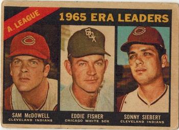 1966 Topps Venezuelan #222 American League 1965 ERA Leaders (Sam McDowell / Eddie Fisher / Sonny Siebert) Front
