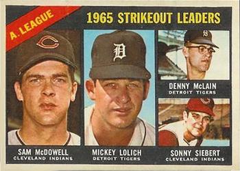 1966 Topps Venezuelan #226 American League 1965 Strikeout Leaders (Sam McDowell / Mickey Lolich / Denny McLain / Sonny Siebert) Front