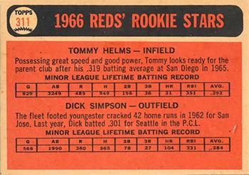 1966 Topps Venezuelan #311 Reds 1966 Rookie Stars (Tommy Helms / Dick Simpson) Back