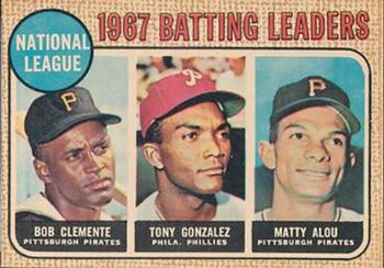 1968 Topps Venezuelan #1 National League 1967 Batting Leaders (Roberto Clemente / Tony Gonzalez / Matty Alou) Front